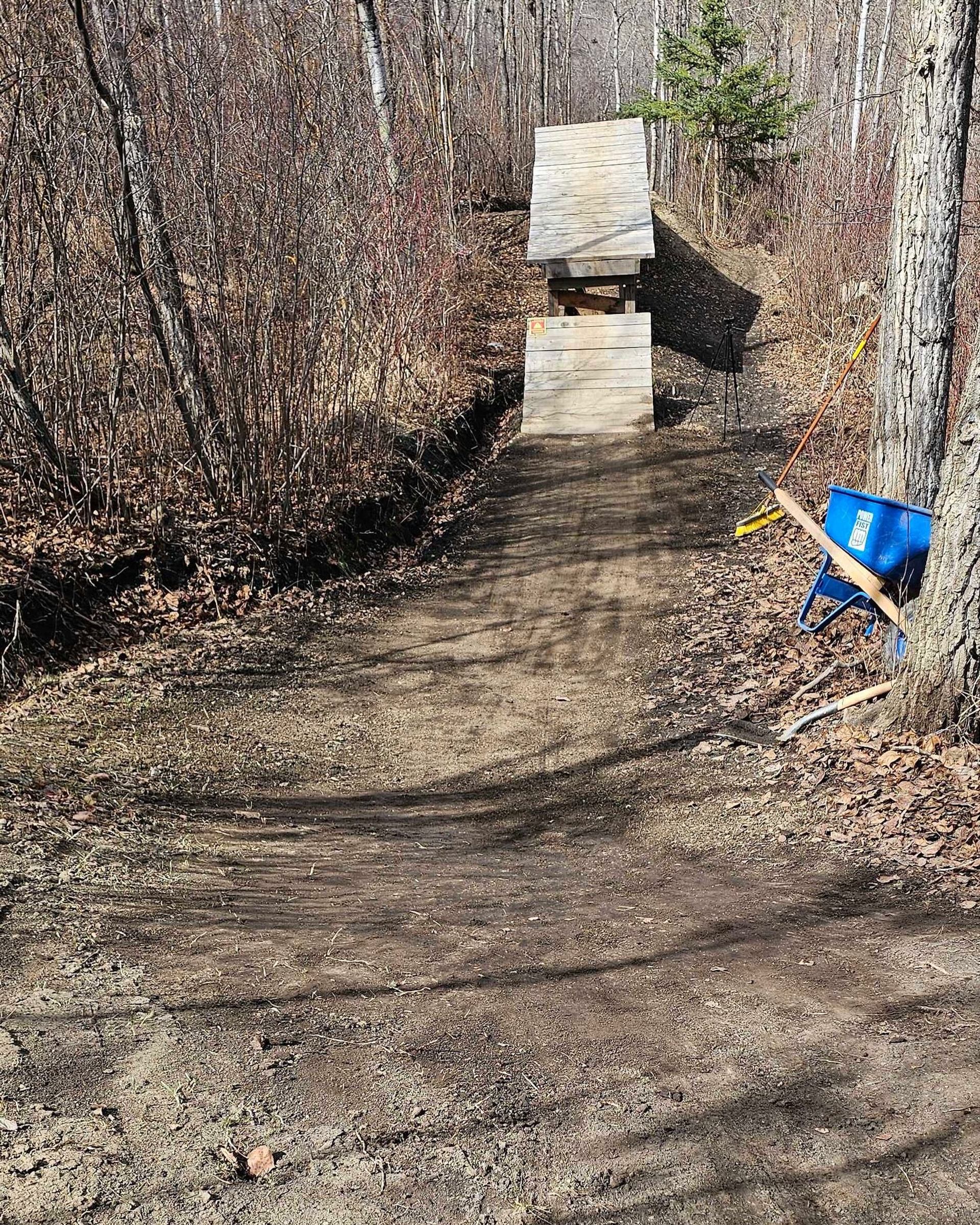 Dirt trail with wooden bike ramp in forest, blue wheelbarrow and tools nearby.
