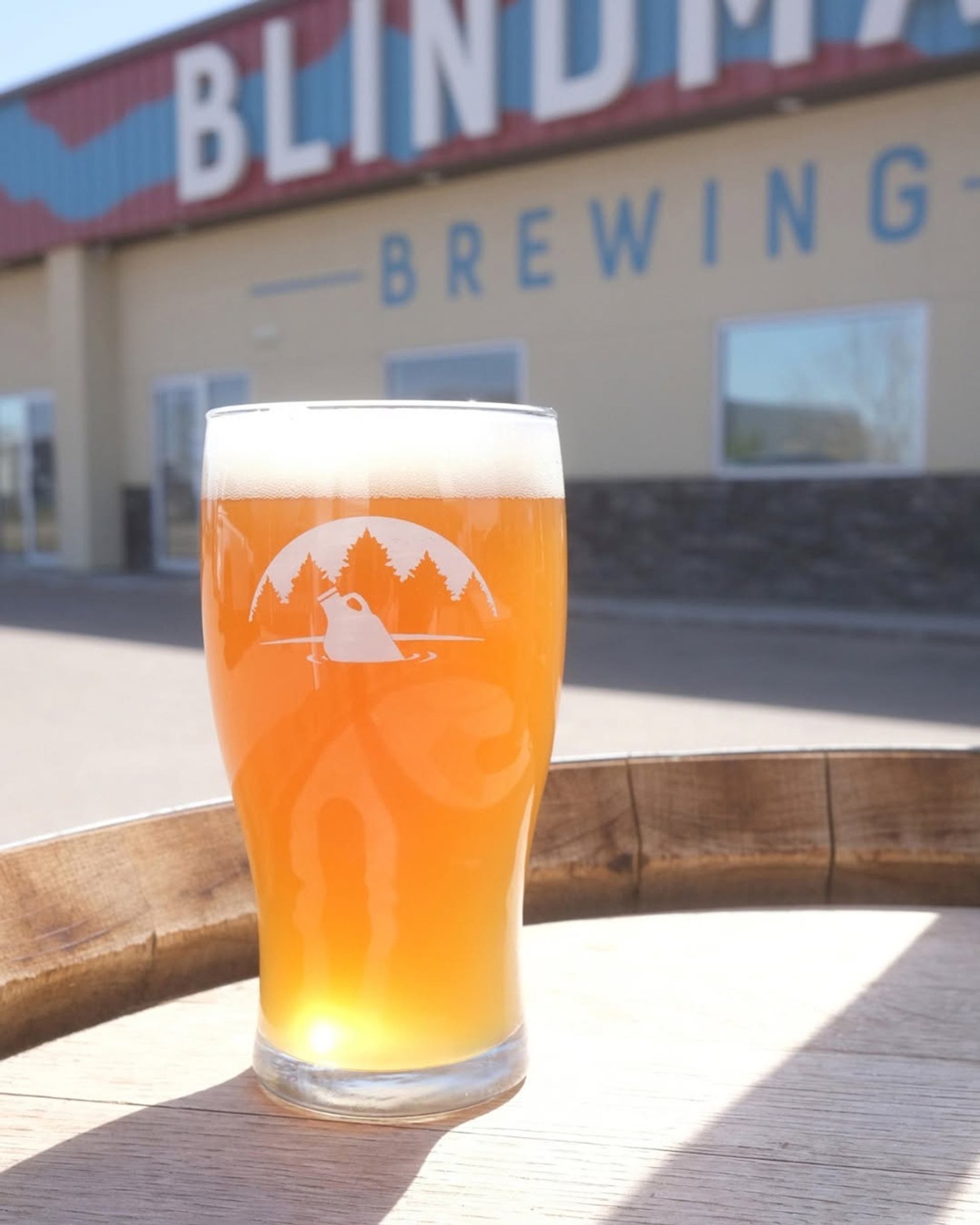 A golden pint of beer sits in sunlight outside a brewery building on a clear day.