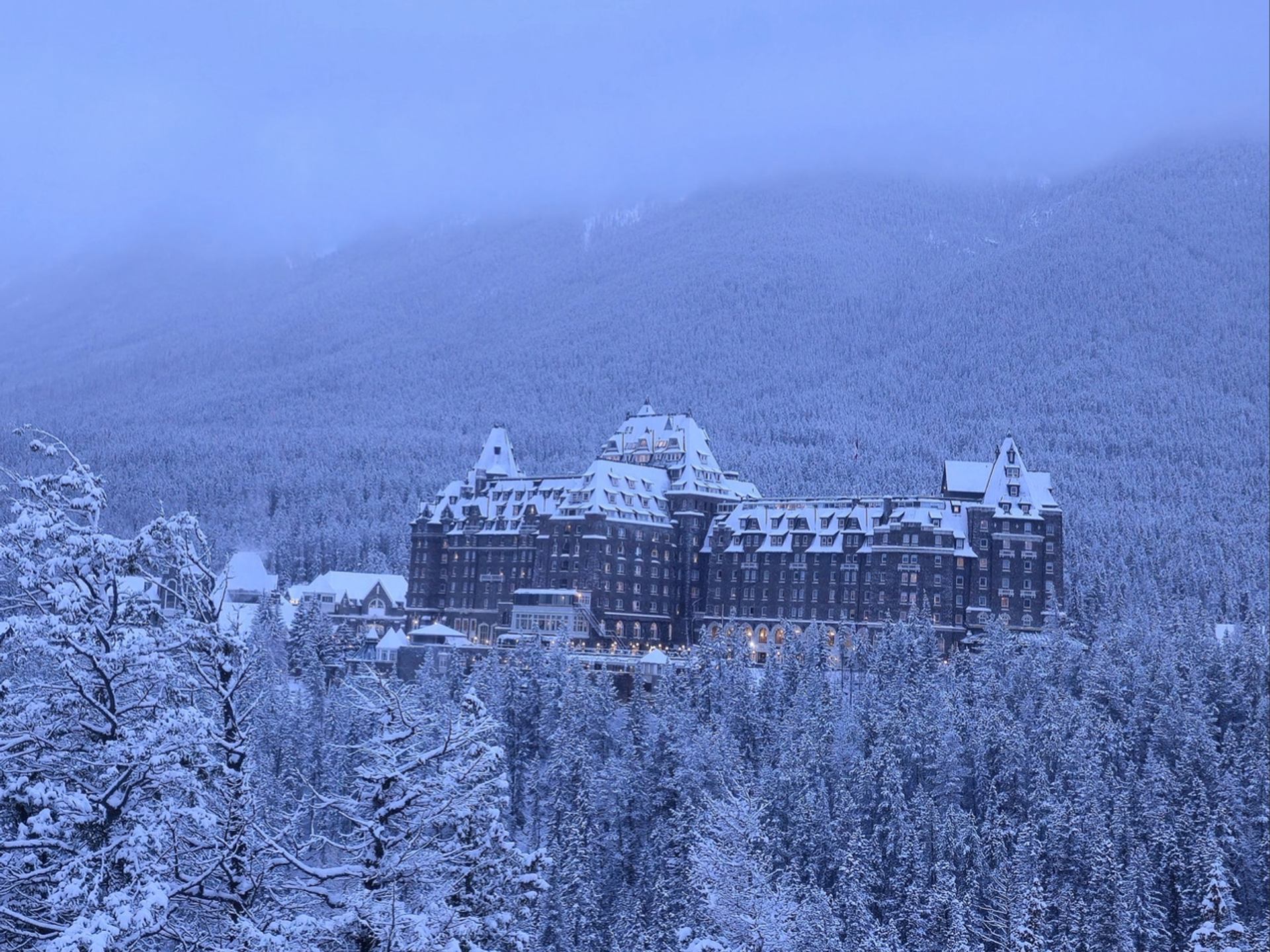 A large, castle-like hotel covered in snow, surrounded by a dense snowy forest and mountains.