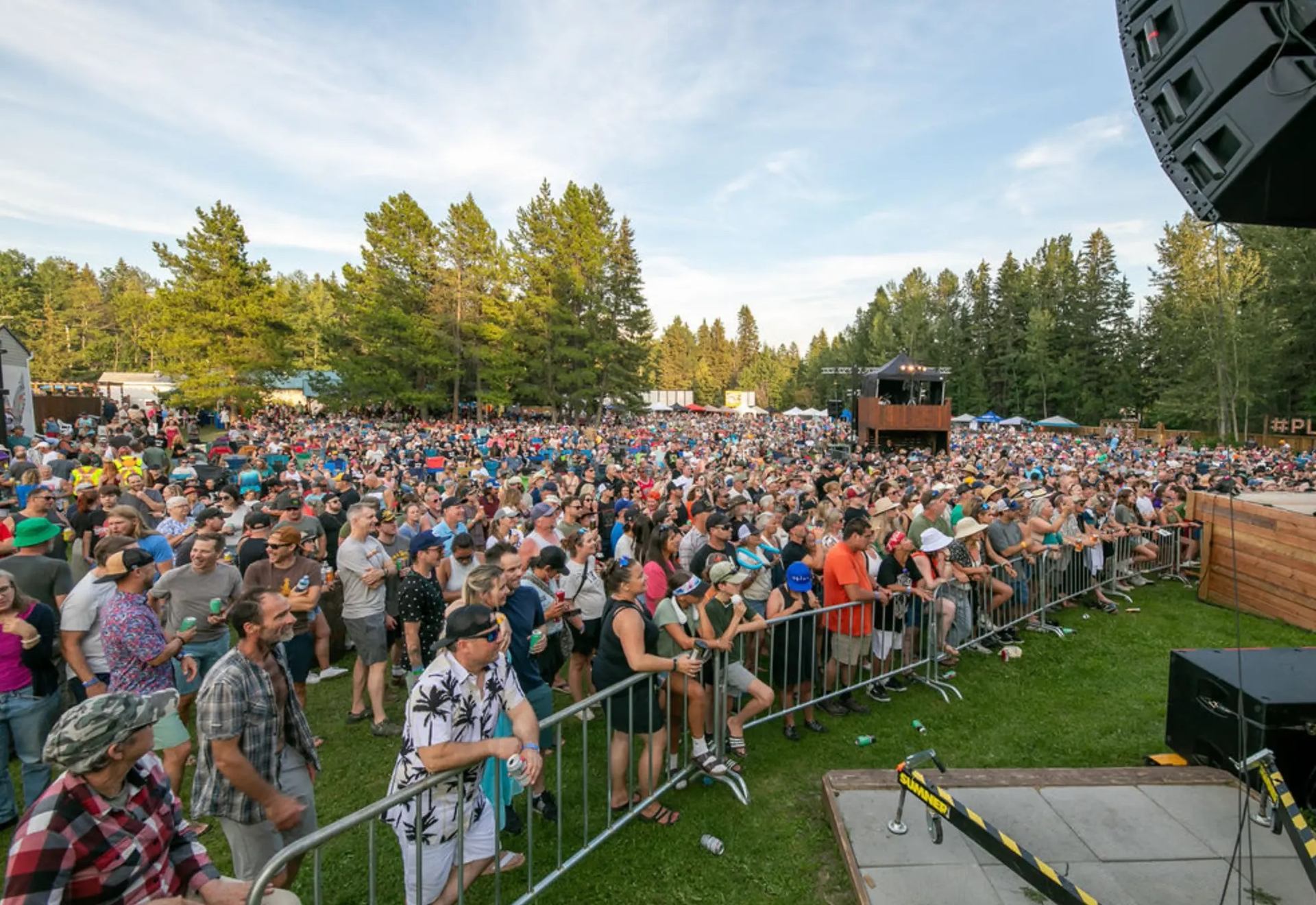 A large crowd gathered outdoors near the stage at Pigeon Lake Music Festival surrounded by trees.
