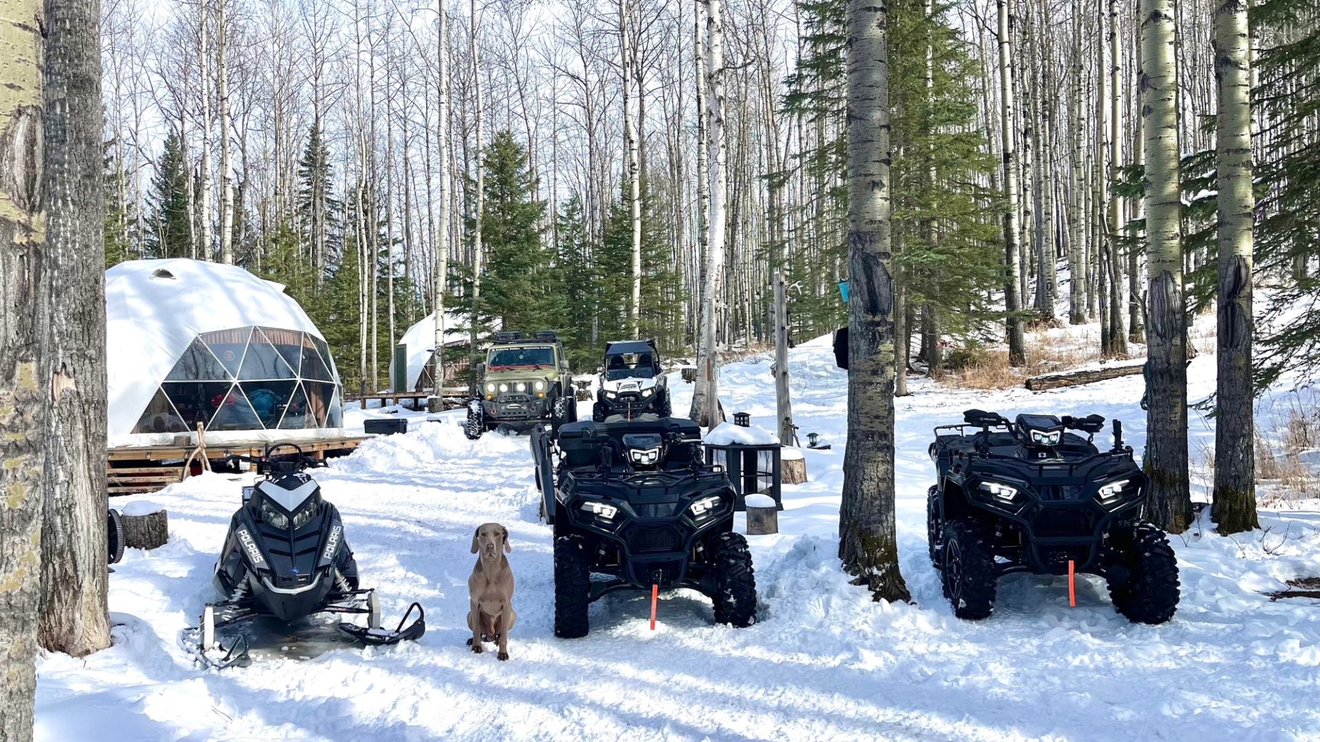 Snowy campsite with ATVs, snowmobile, dome cabin, and trees in winter forest.