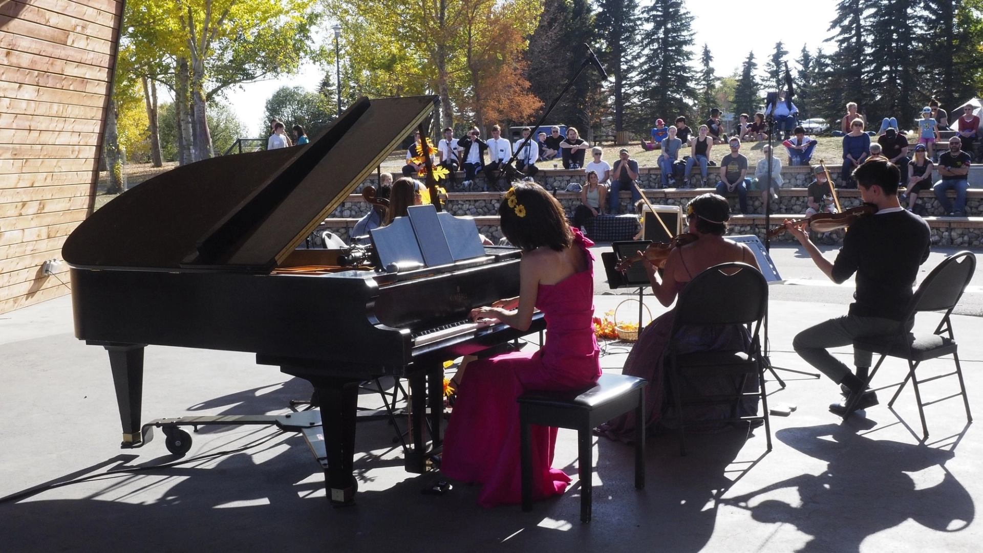 Outdoor classical musicians perform on piano and strings before seated audience in park amphitheatre.