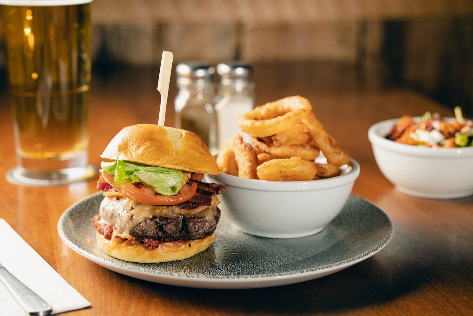 A burger and onion rings