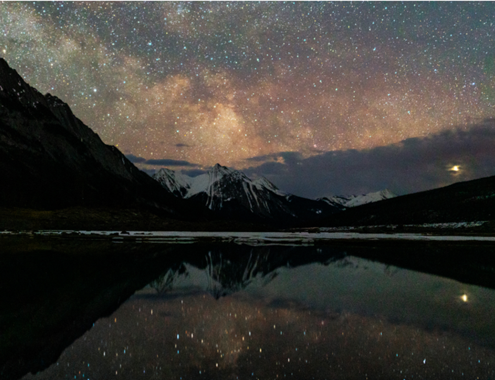 Star-filled sky over snow-capped mountains reflected in a calm, dark lake at night.