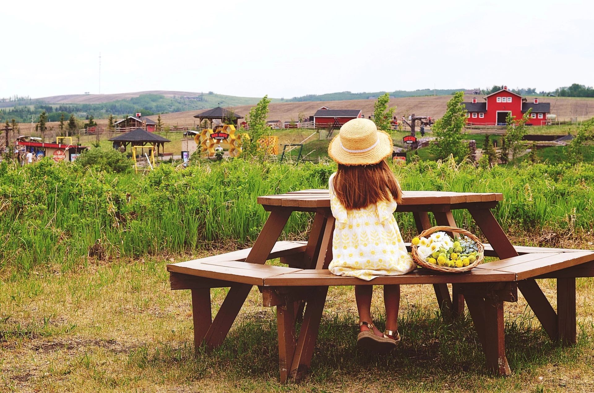 A child sitting at a picnic table ith the farm in the background.