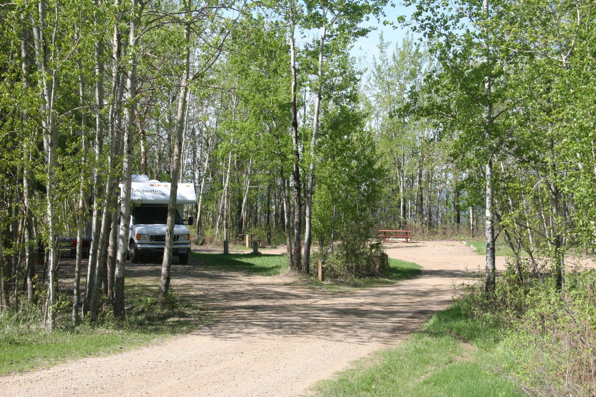 An RV parked in a campsite, surrounded by trees.