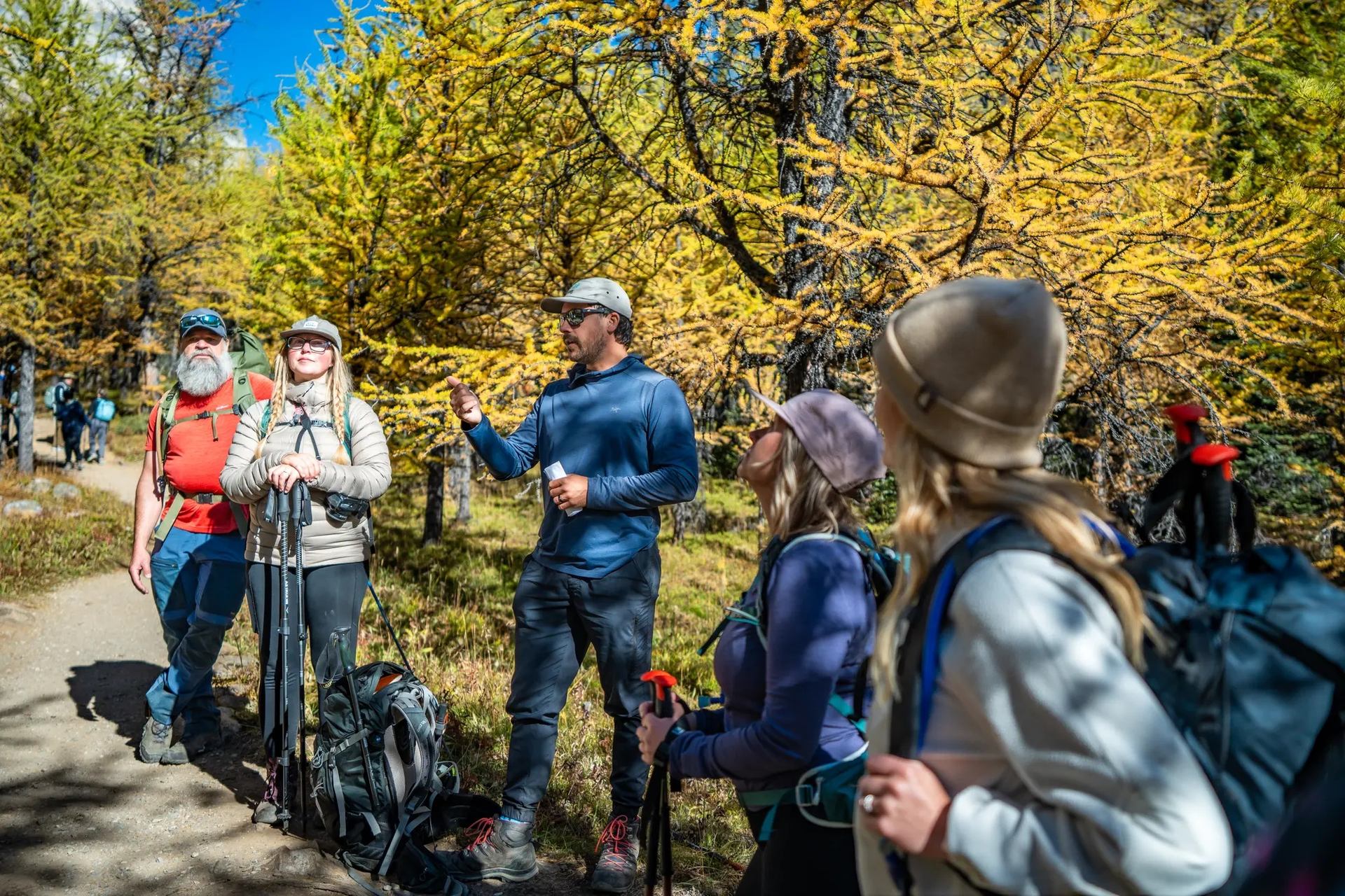 Hikers gather on a fall trail for a guided photography workshop.