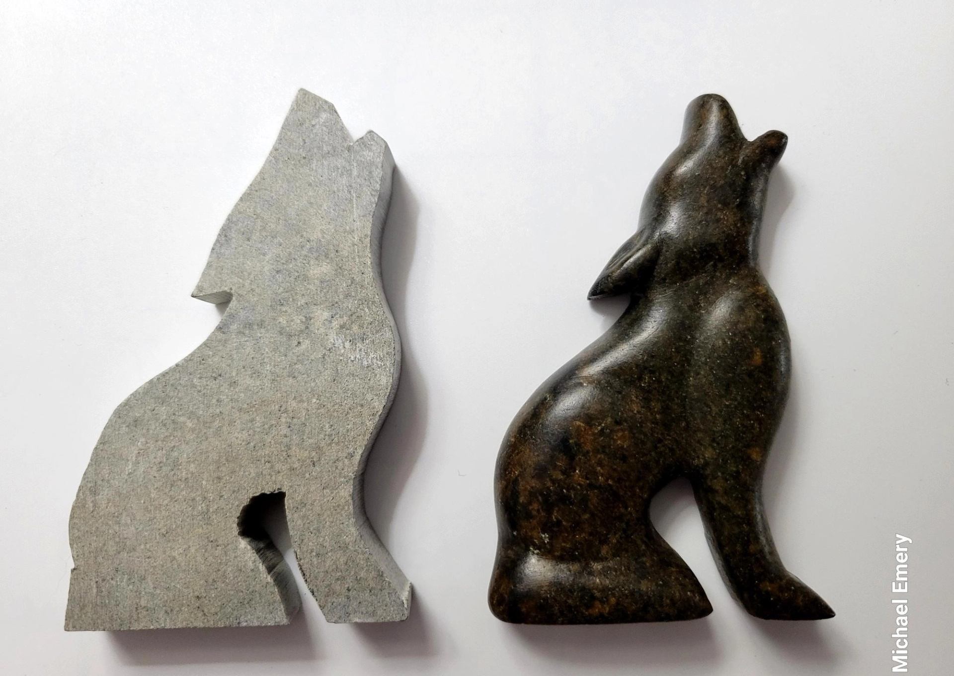 Two stone animal carvings show unfinished and polished surfaces on a white background.