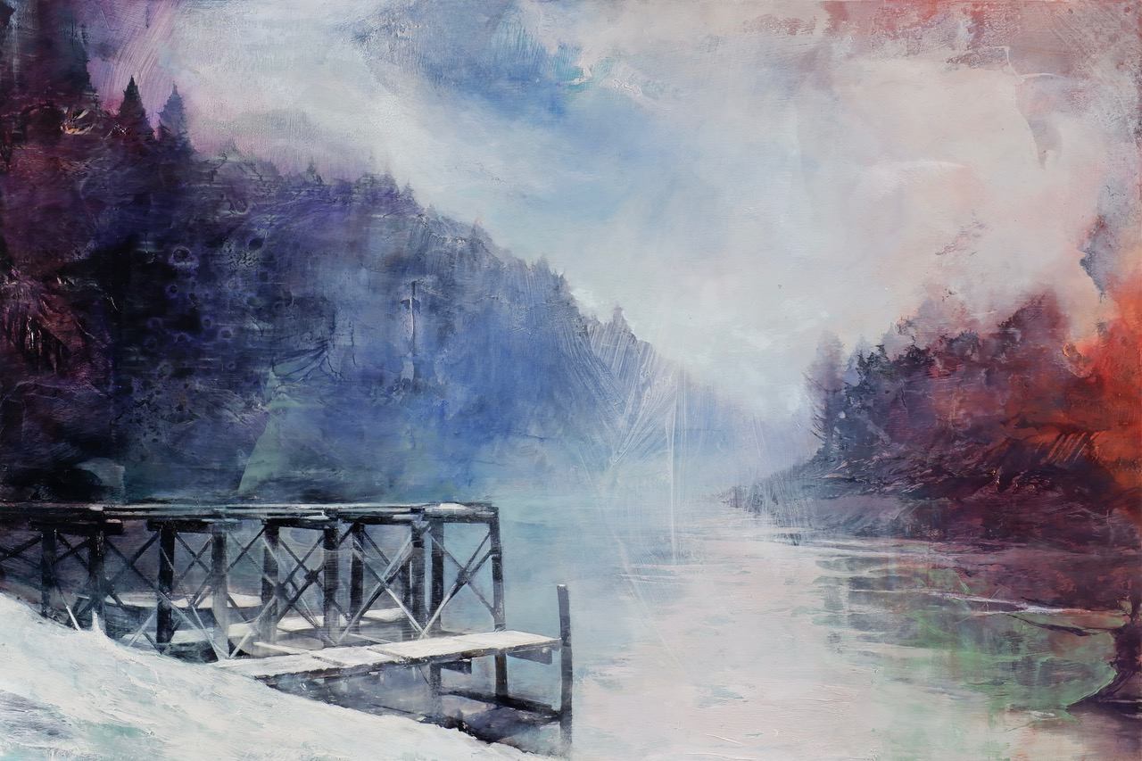 Abstract painting of a wooden bridge with mountains and coloured sky background.