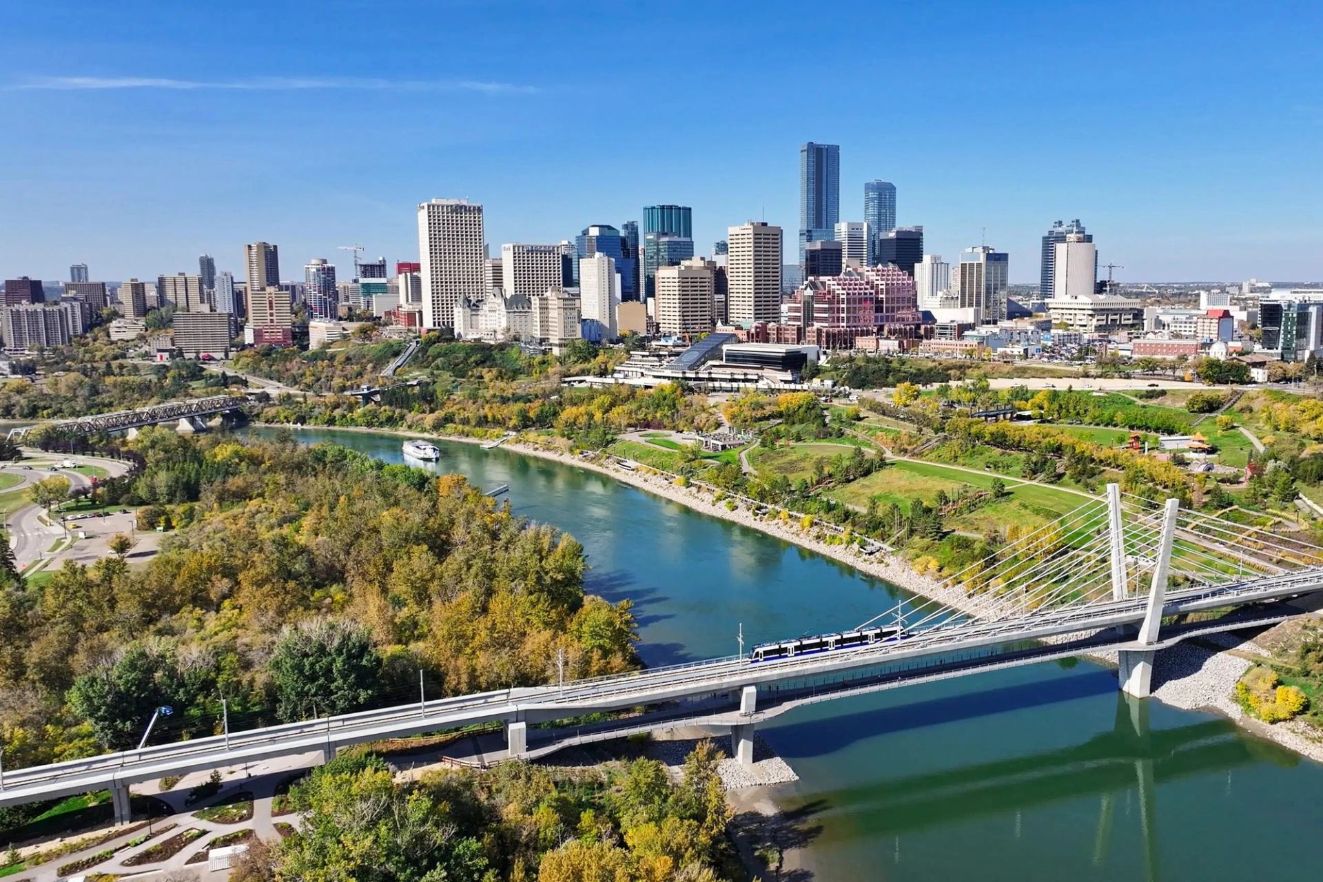 Aerial view of Edmonton skyline and North Saskatchewan River