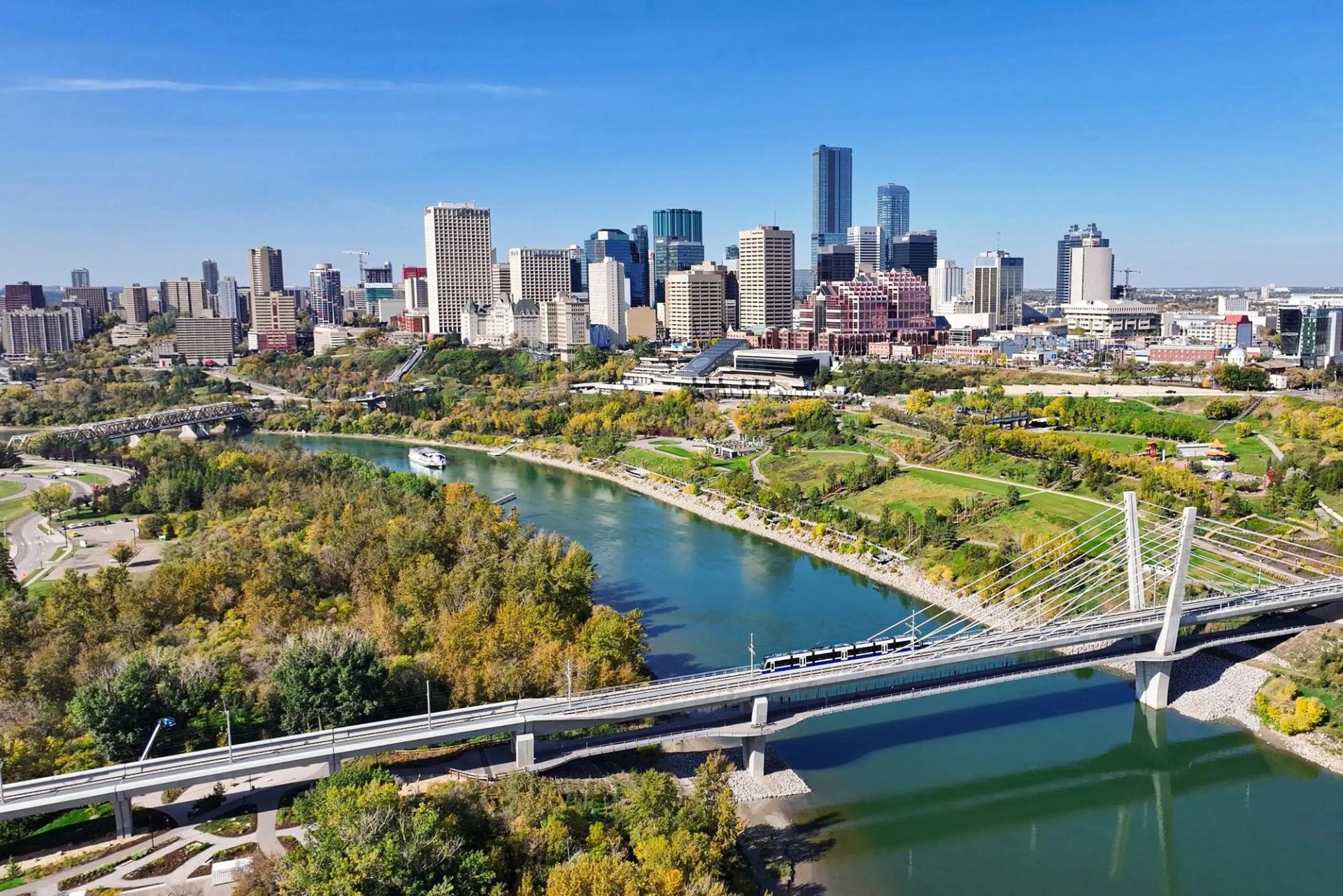 Aerial view of Edmonton skyline and North Saskatchewan River