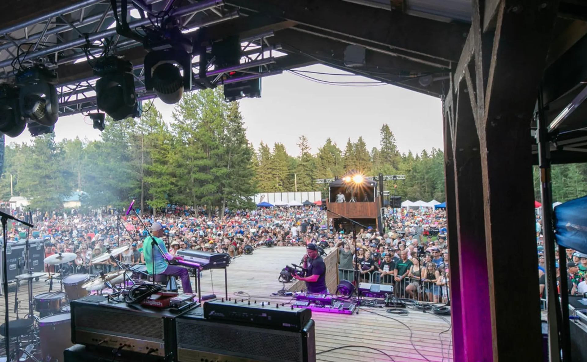 View from the stage of a musician playing keys to a large outdoor crowd surrounded by trees.