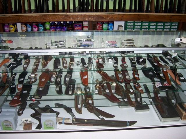 Display case with hunting knives