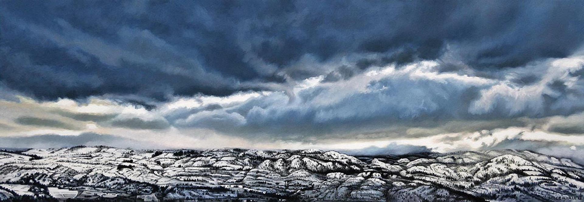 Painting of snow-covered hills beneath layered dark blue storm clouds.