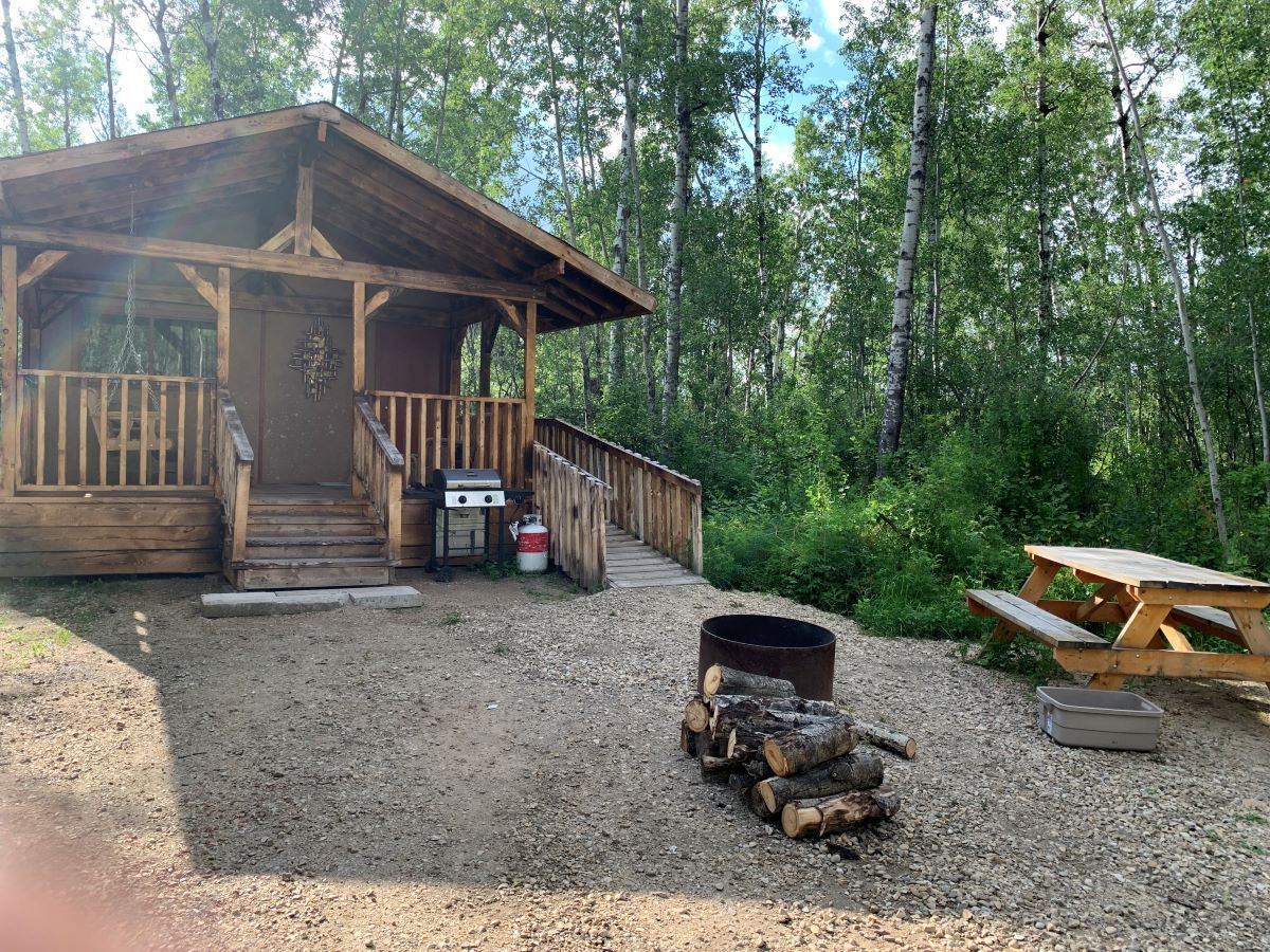 Wood cabin deck with barbecue grill, picnic table, fire pit, and surrounding forest trees.