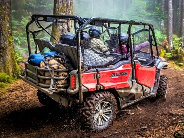Red off-road vehicle with passengers driving through misty forest with gear in back.