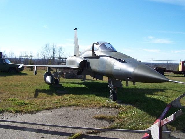 Silver fighter jet displayed on grass behind a low barrier fence.