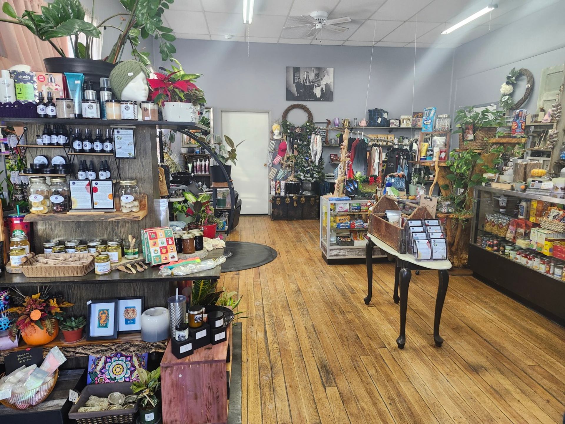 A retail store interior with wooden floors, shelves stocked with various products, and plants.
