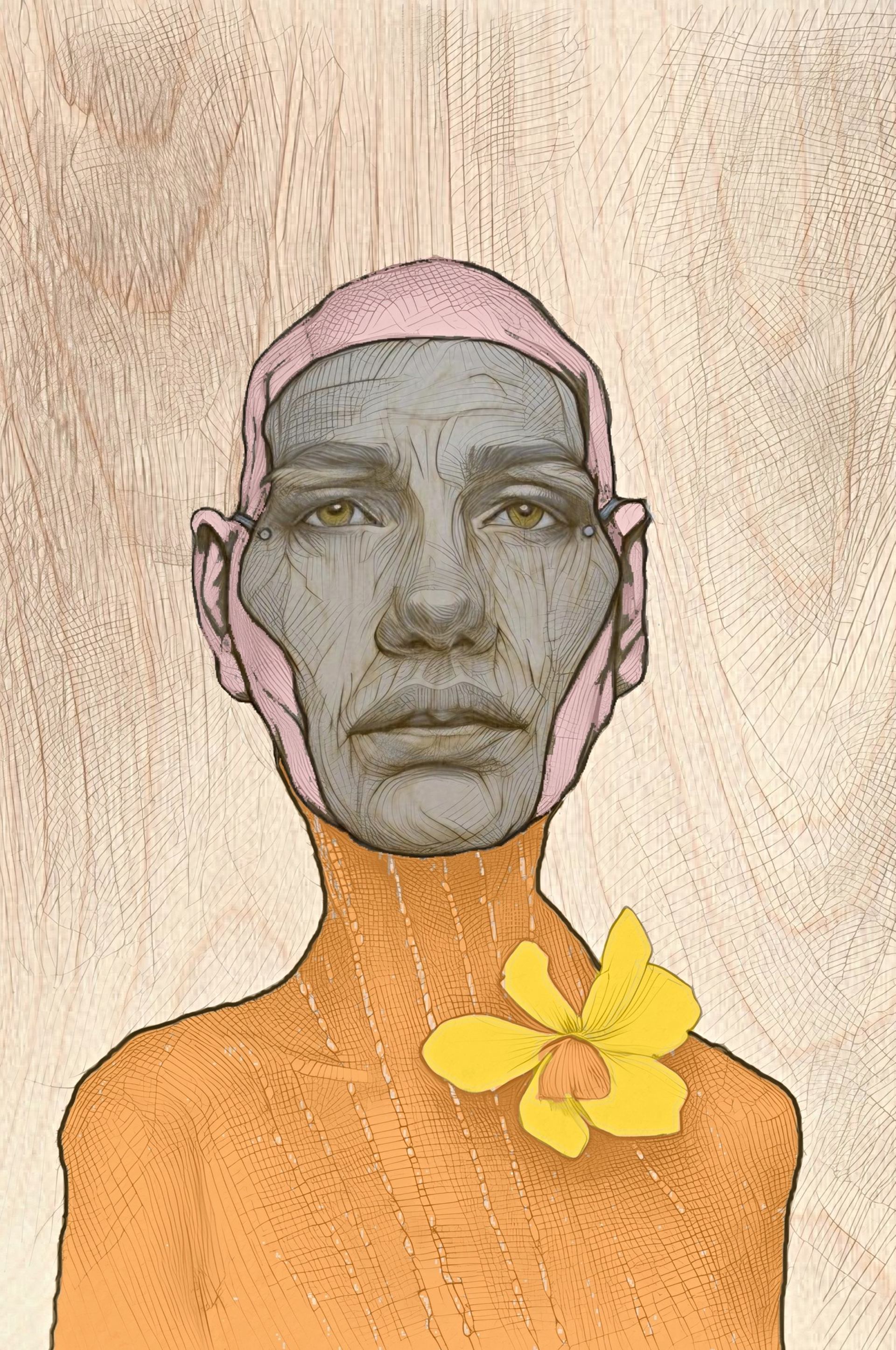 Textured illustration of a person with a gray, lined face, yellow eyes, a pink cap, and an orange sweater with a yellow flower.