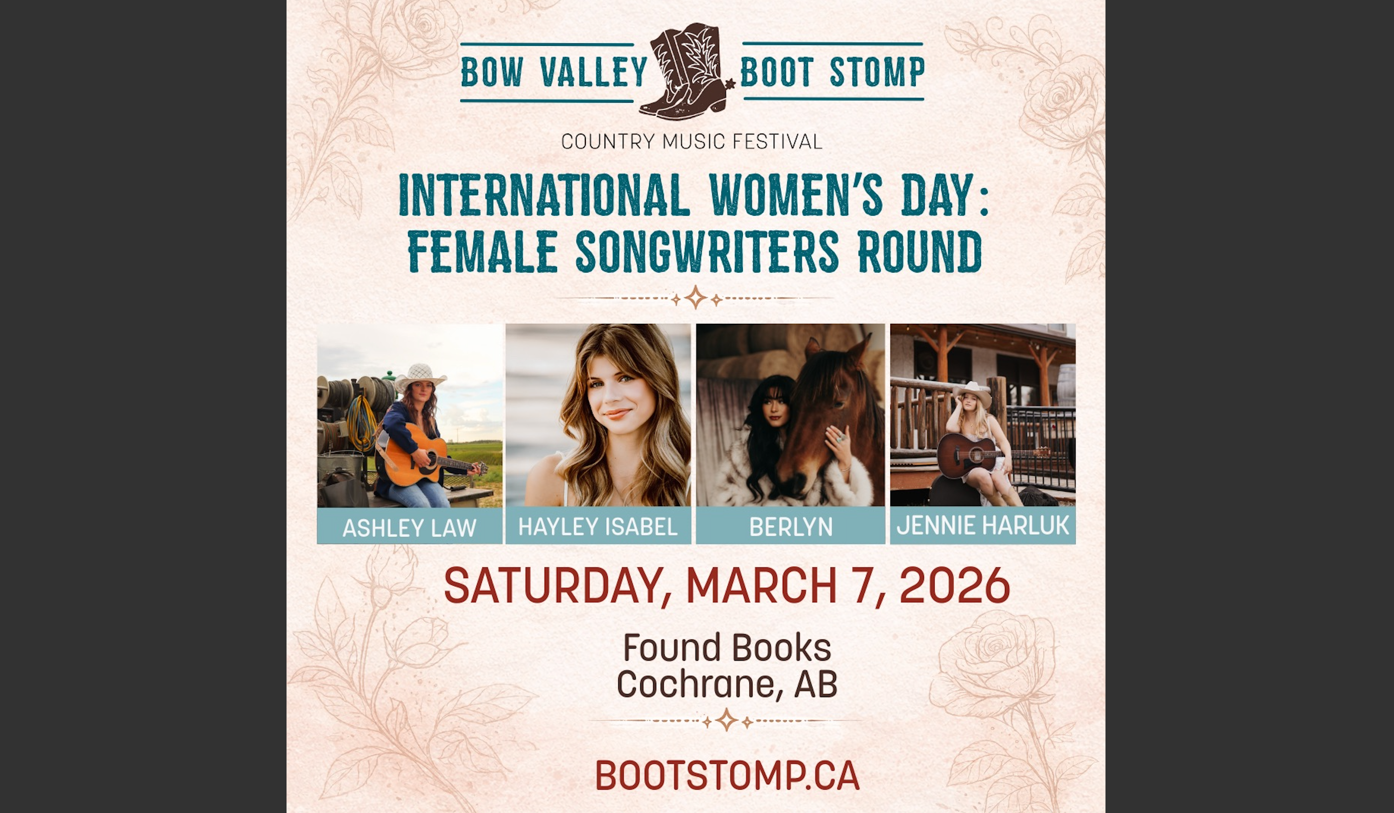 Promotional lineup featuring four female songwriters with guitars and portraits, celebrating women in music.