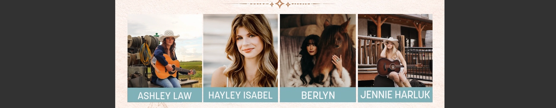 Promotional lineup featuring four female songwriters with guitars and portraits, celebrating women in music.