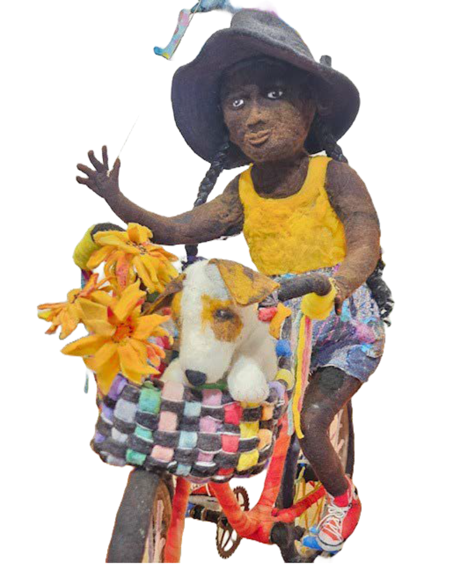 Mixed media sculpture of a figure riding a bicycle with flowers and a basket.