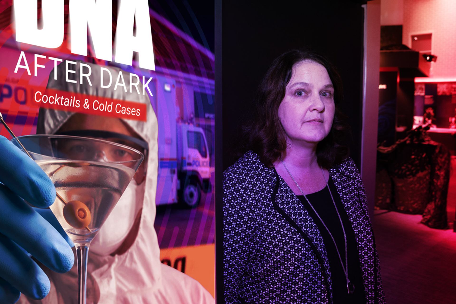 Woman stands beside DNA After Dark Cocktails and Cold Cases promotional poster under purple lighting.