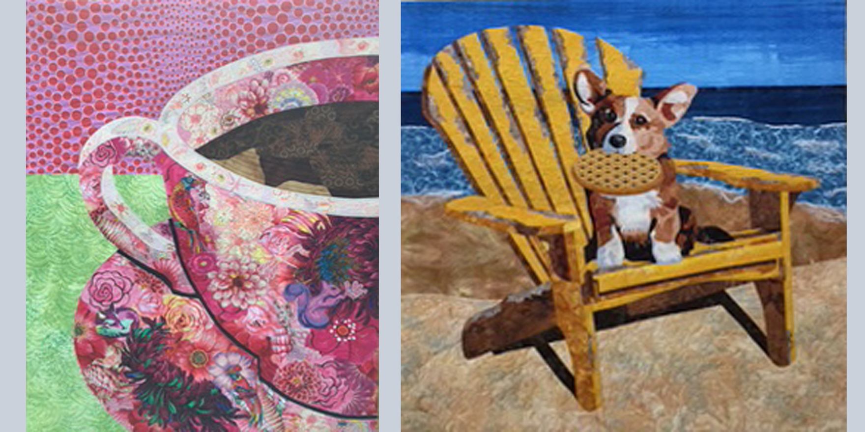 Two colourful quilt artworks, one of a floral teacup, one of a dog on beach chair.