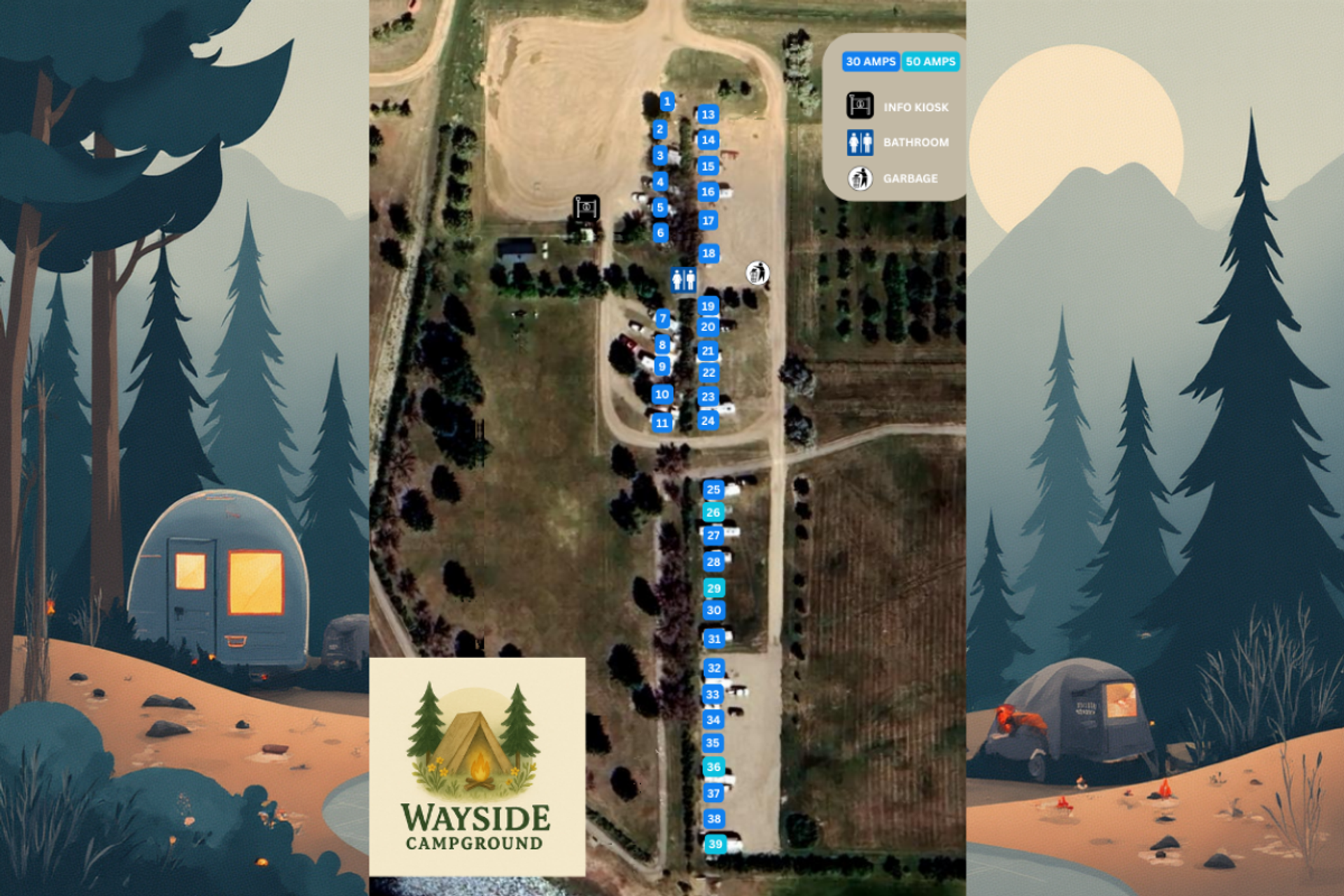 Map layout of Foremost Wayside Campground with marked RV and tent sites.