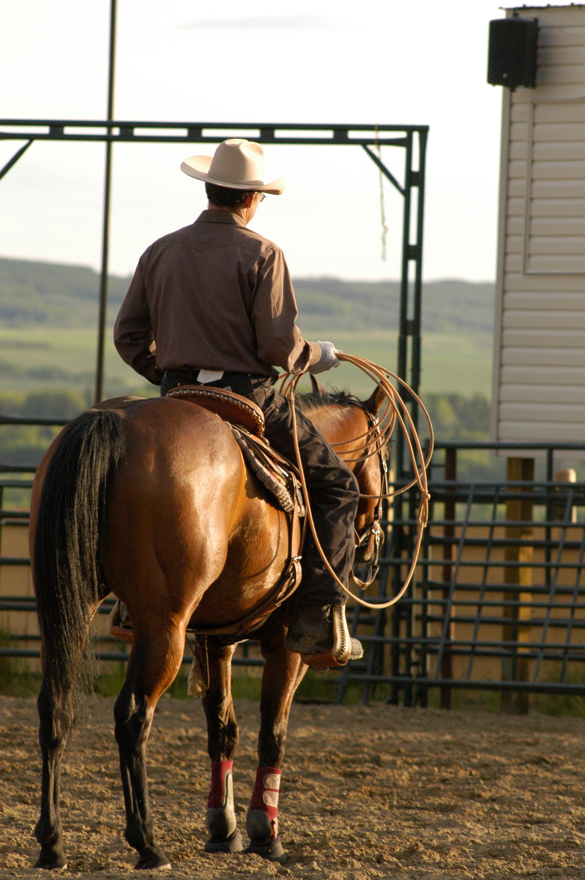 Western rider and horse at sunset near rodeo arena entrance