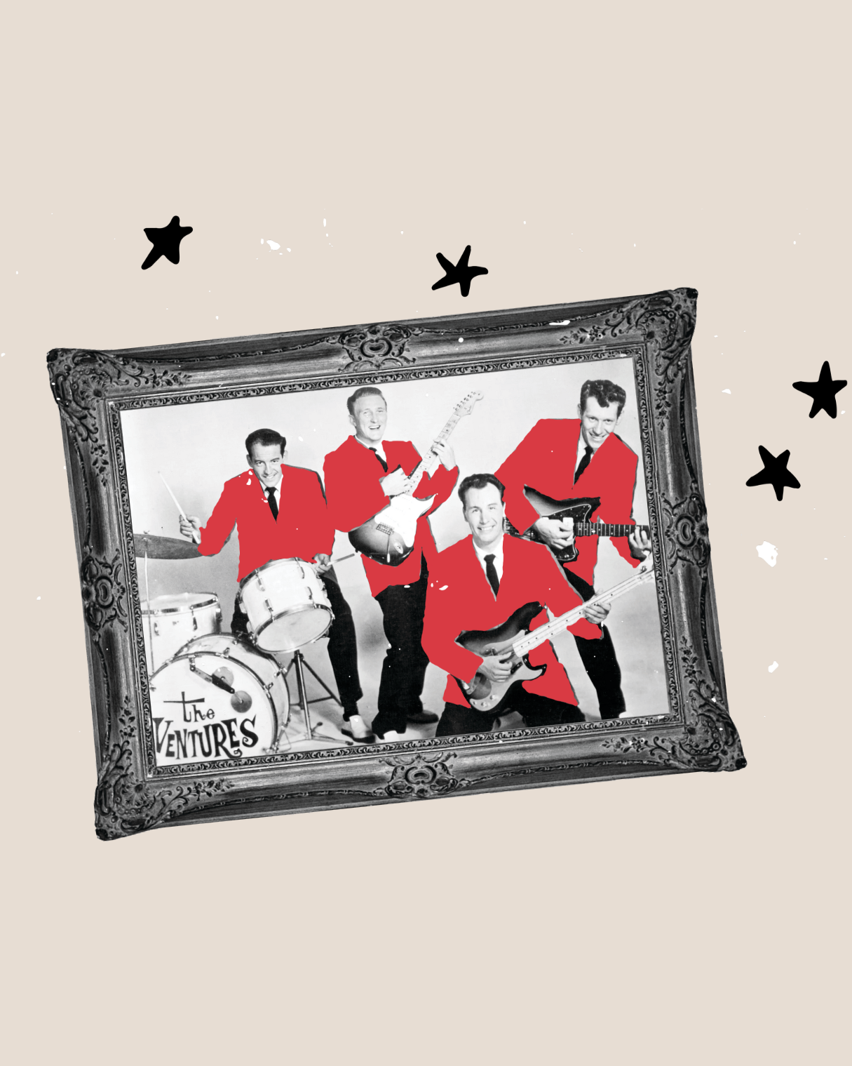 Framed photo of a band in red jackets with musical instruments and stars around.