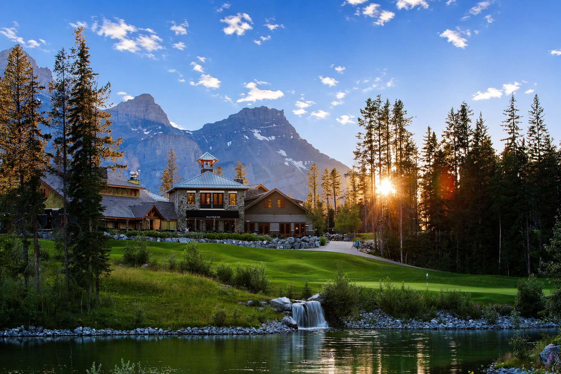 Lodge-style buildings beside manicured golf green, small waterfall and reflective mountain lake.