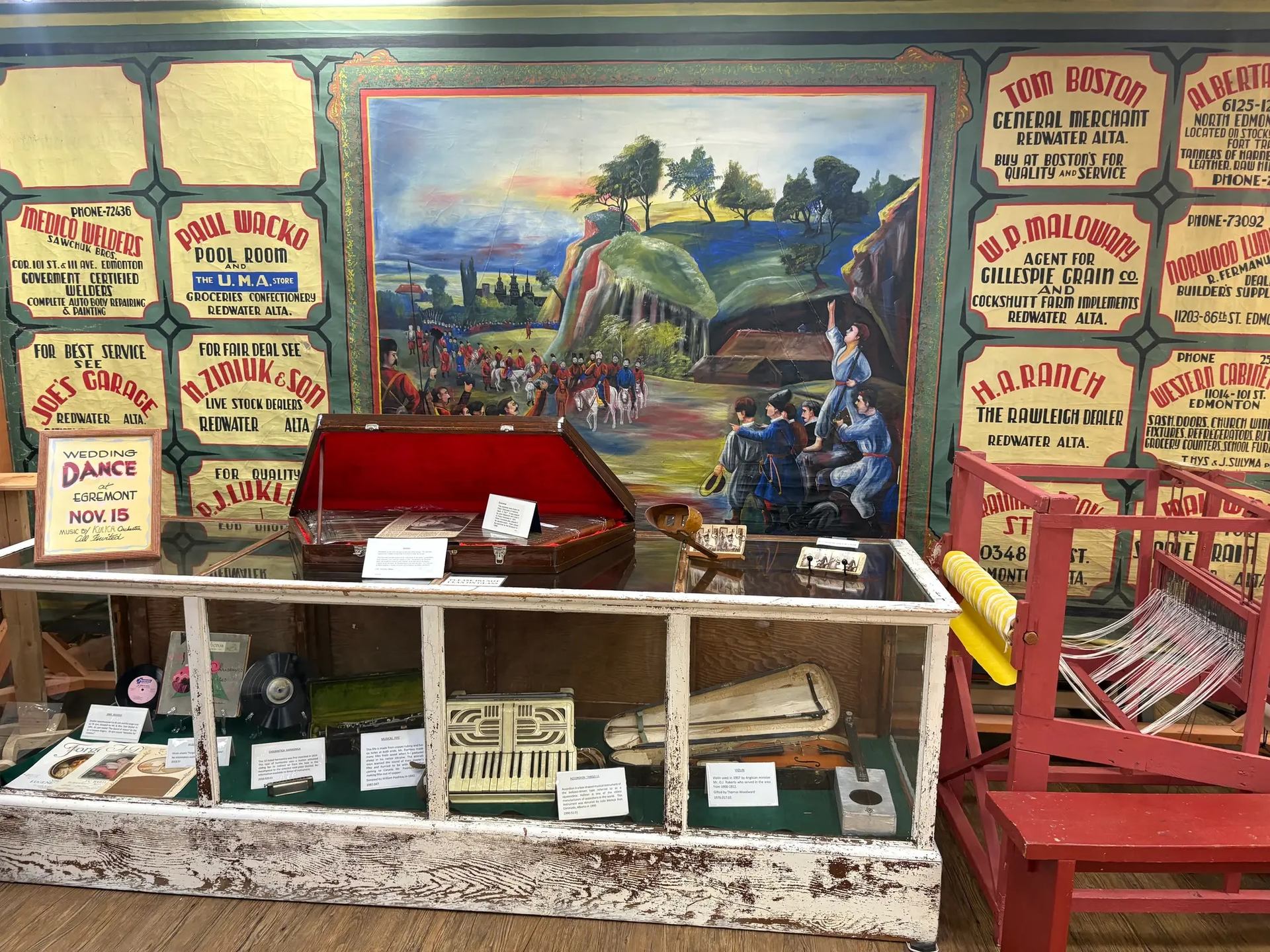 Large hand painted stage curtain that hung in the National Hall.