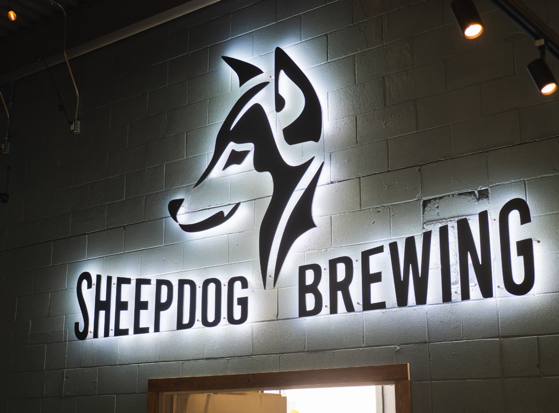 Illuminated Sheepdog Brewing logo and dog graphic on a grey brick wall.