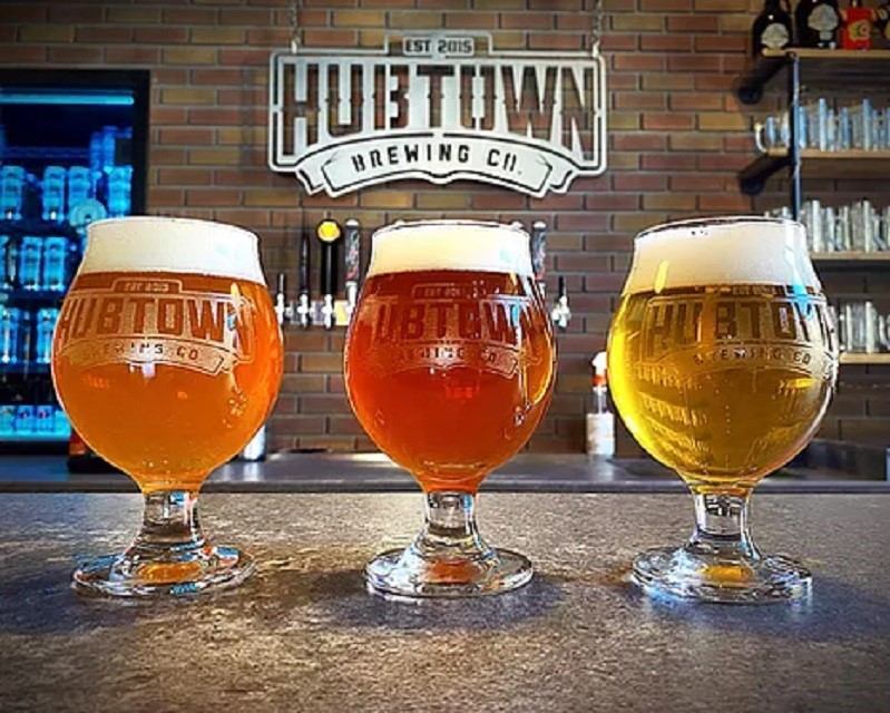 Three different craft beers at Hub Town Brewing