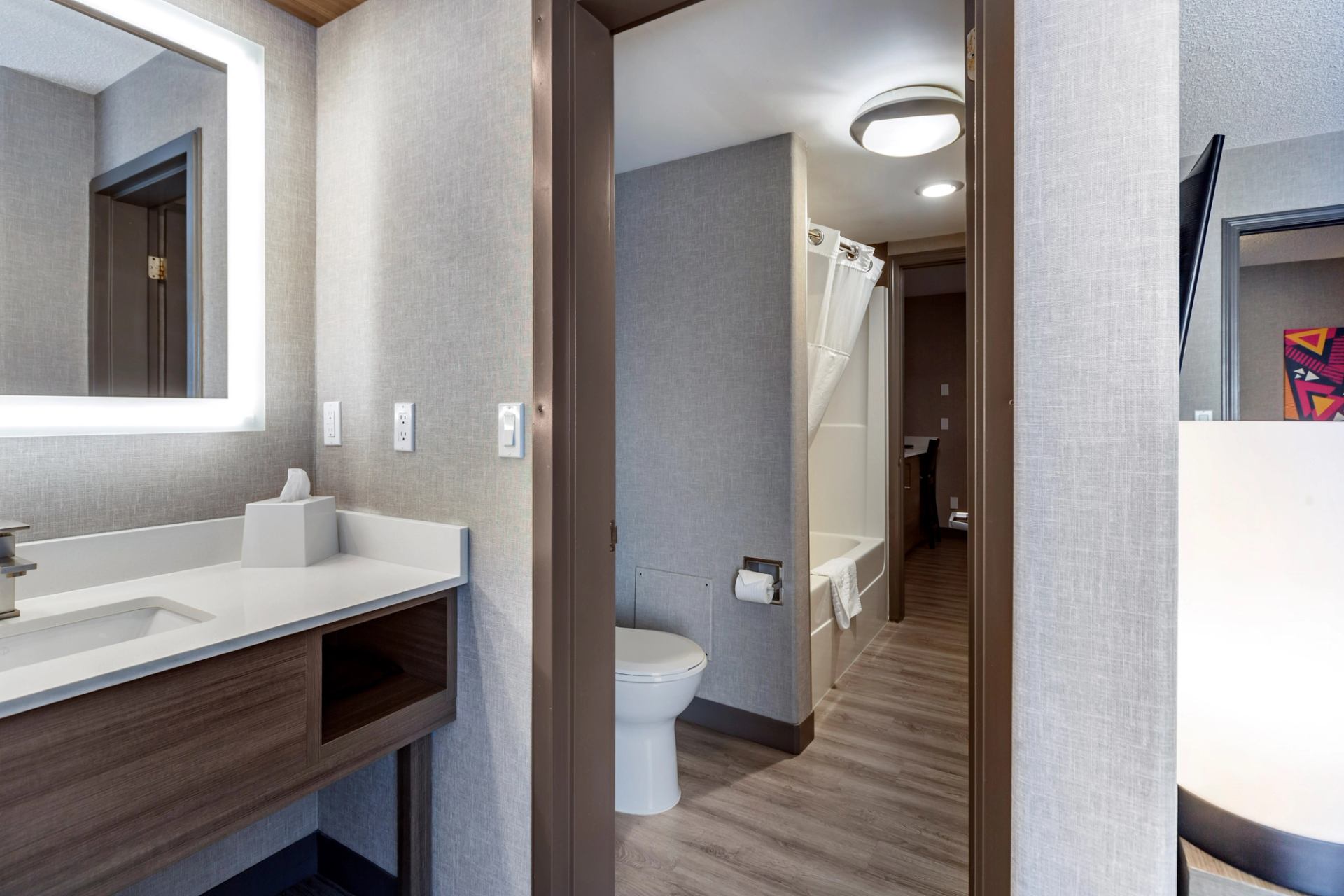 Sink and mirror with toilet and tub/shower in a separate room.