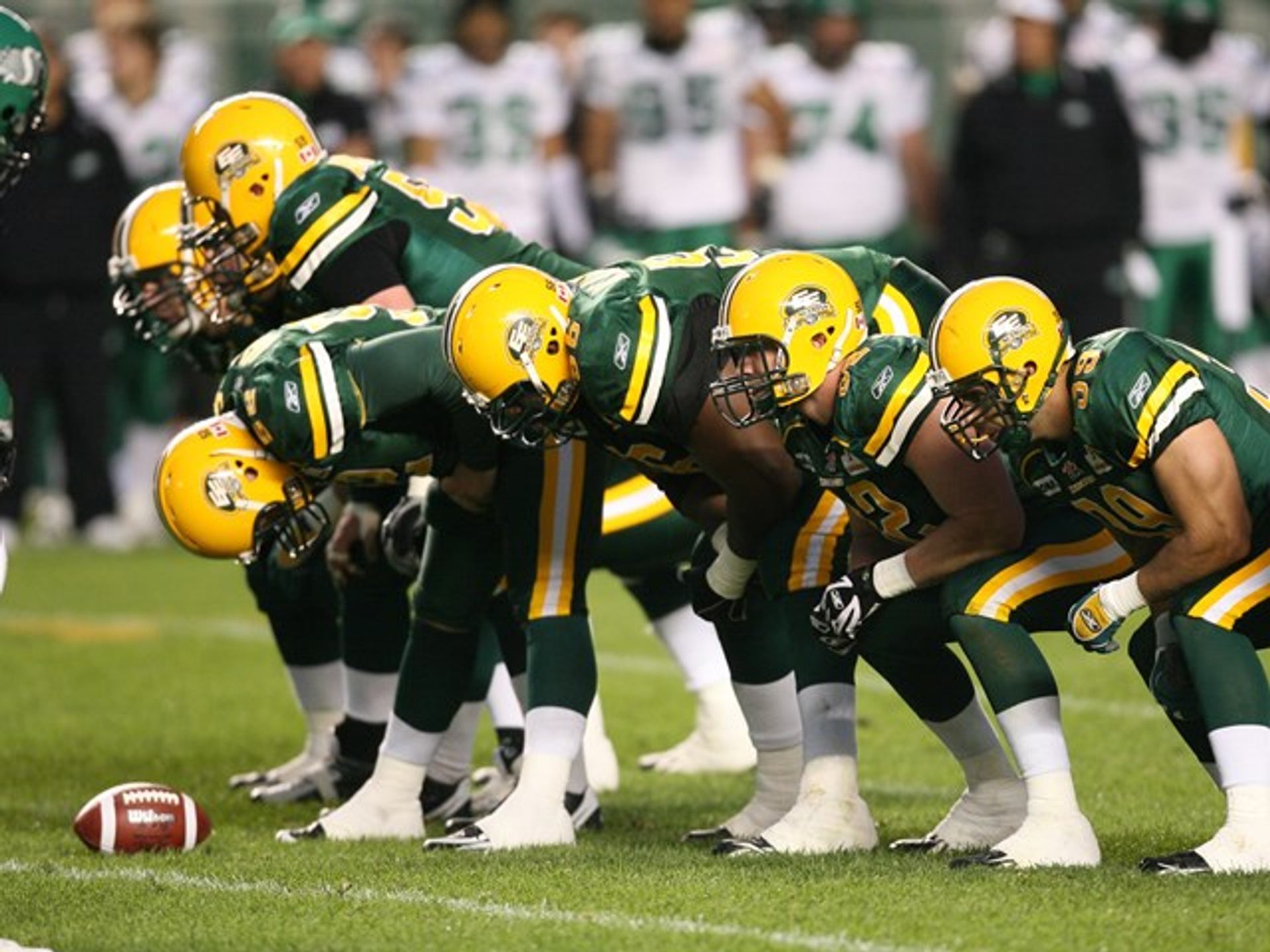 The Edmonton Elks offensive line gets ready for a play.