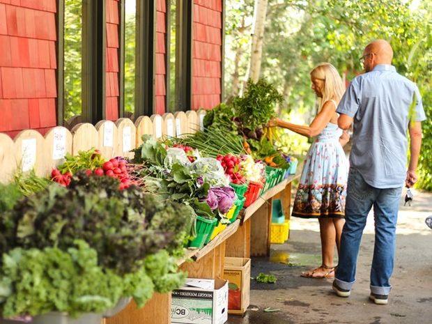 People shopping for fresh produce at The Saskatoon Farm.