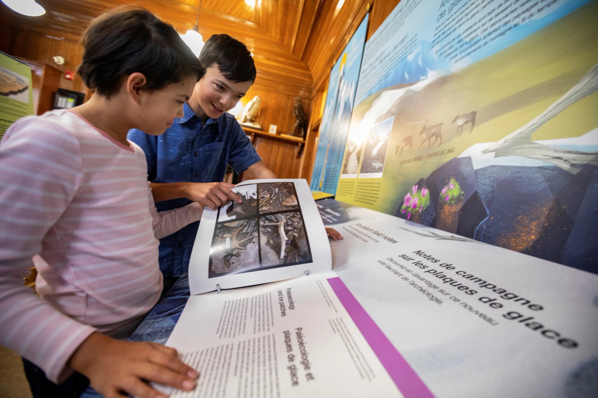 Visitors reading educational panels at Banff Park Museum exhibit.