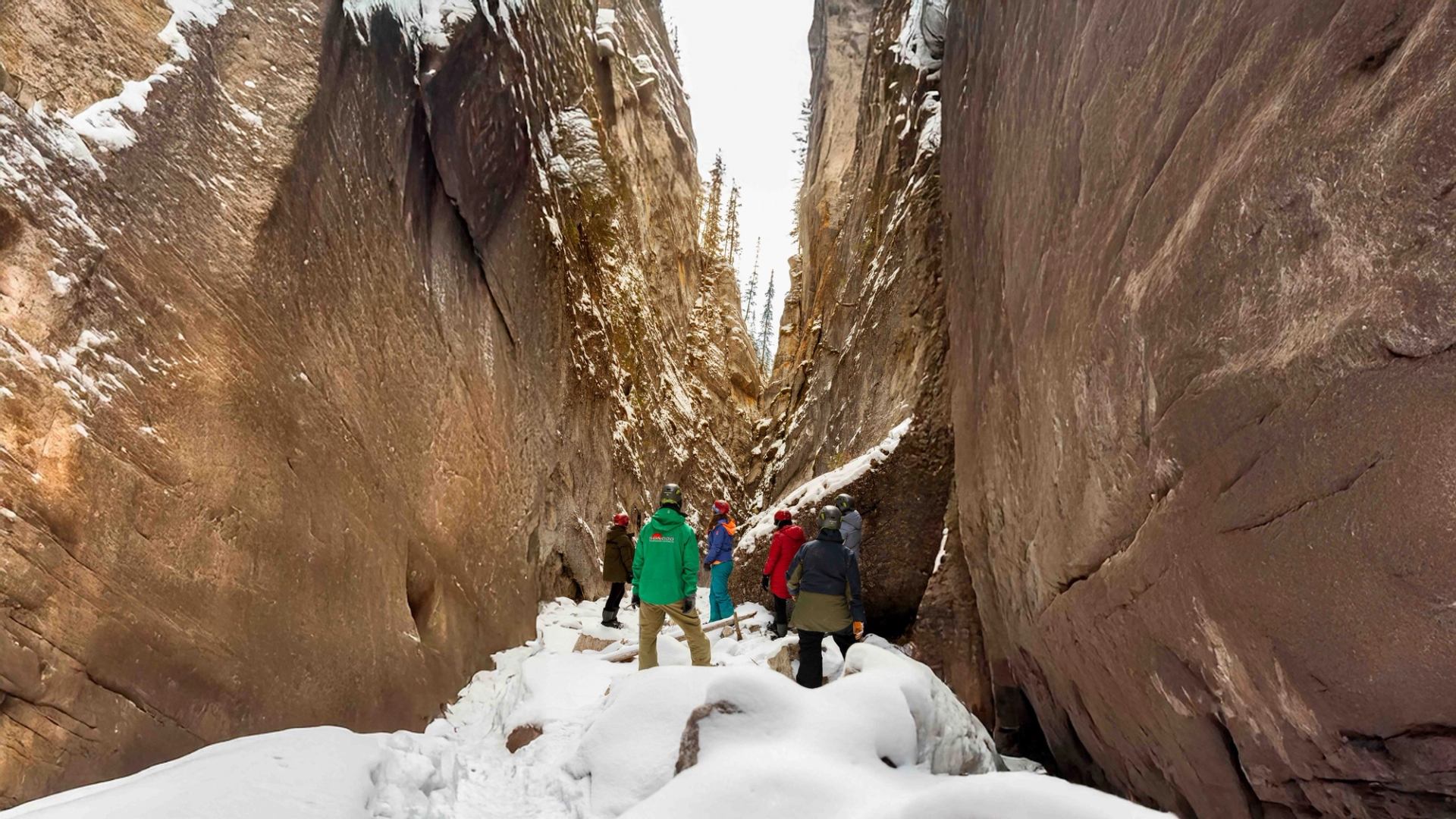 A group of people exploring Pleckaitis Icewalk, where you’ll explore frozen waterfalls, glistening ice formations, and towering canyon walls with an expert guide who’ll share Jasper’s rich natural history.
