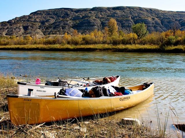 Canoes packed up and ready to go on the lake.