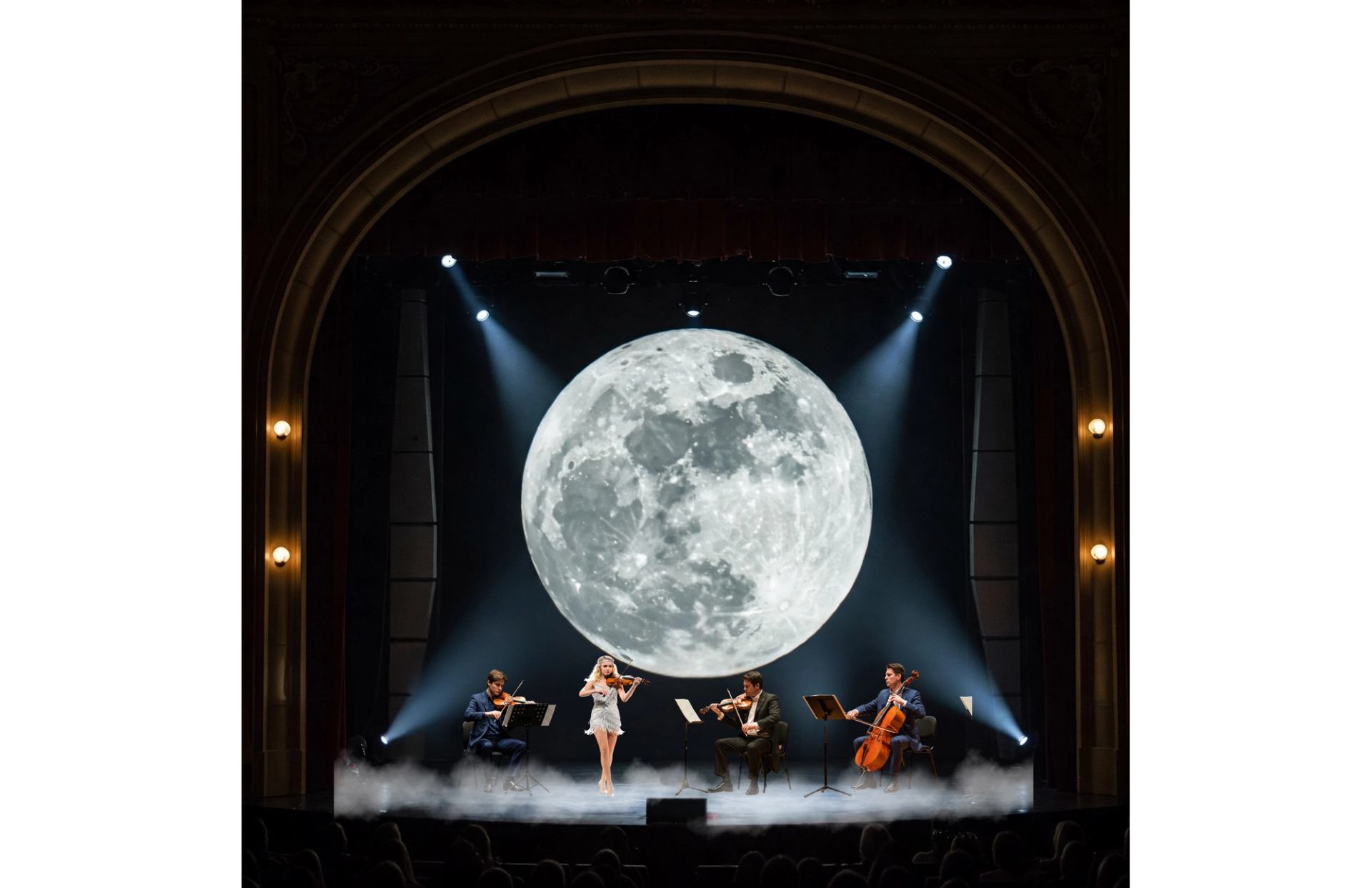 The cast performing with a moon above them.