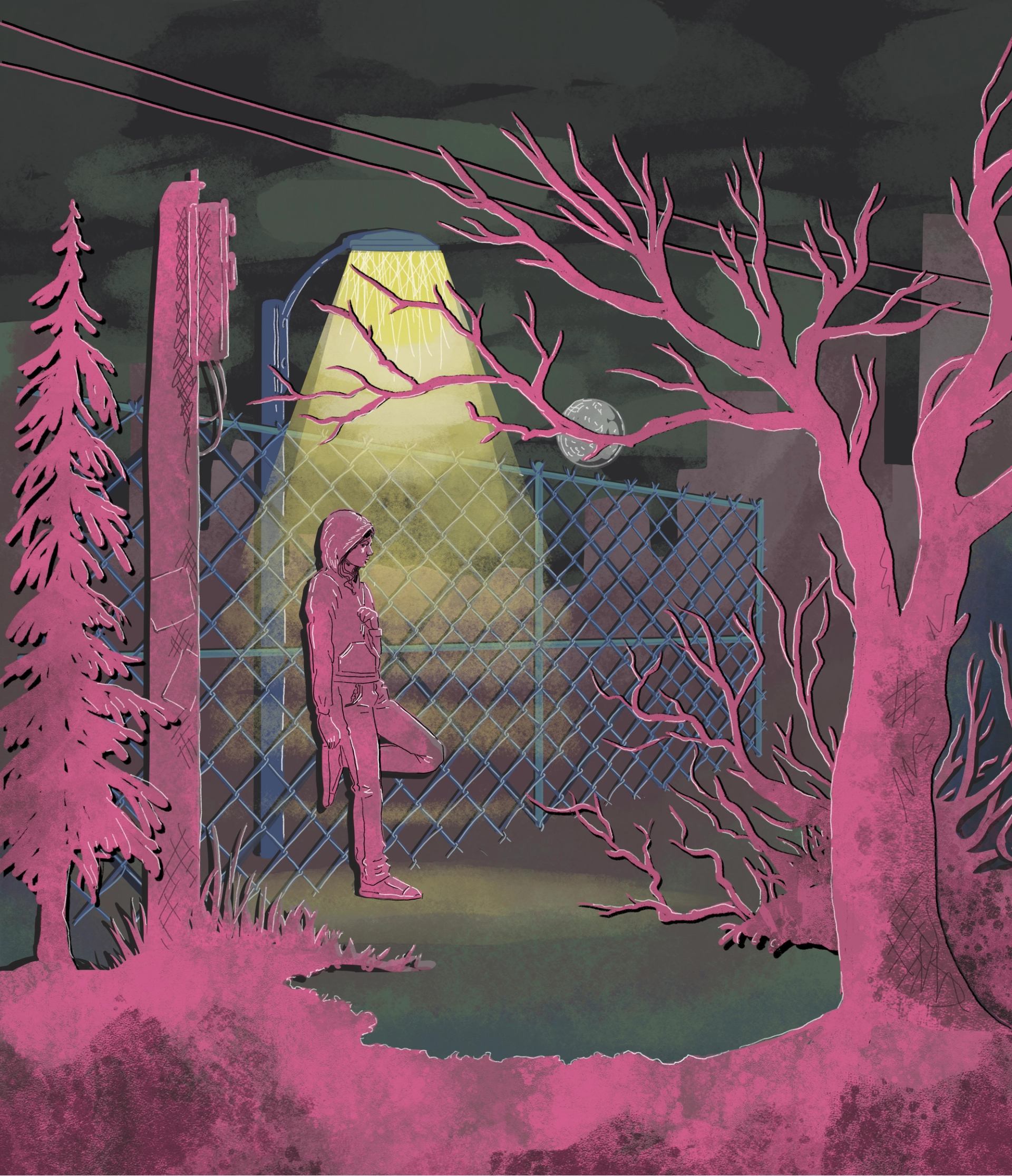 Illustration of a child standing by a chain-link fence, with pink tree branches and lamps.