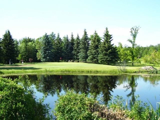 Pond with reflections and lush greenery at Balmoral Golf Course.