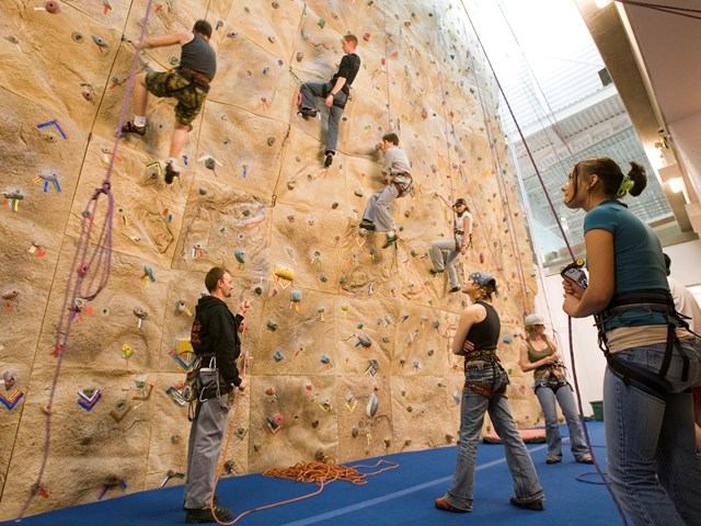 Indoor climbing wall with people climbing and belaying in harnesses.