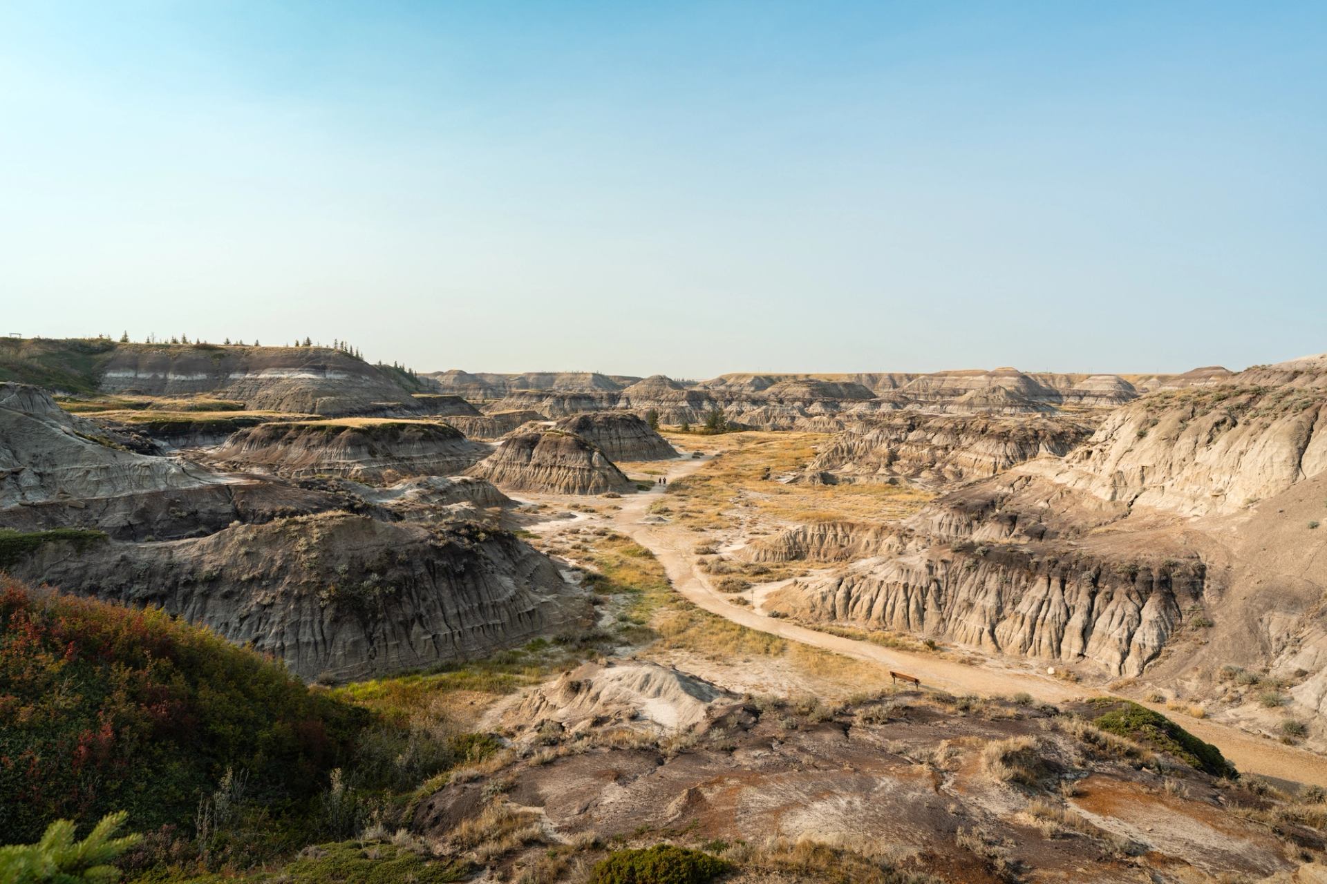 A landscape shot of the hoodoos in the Badlands at Hoseshoe Canyon.