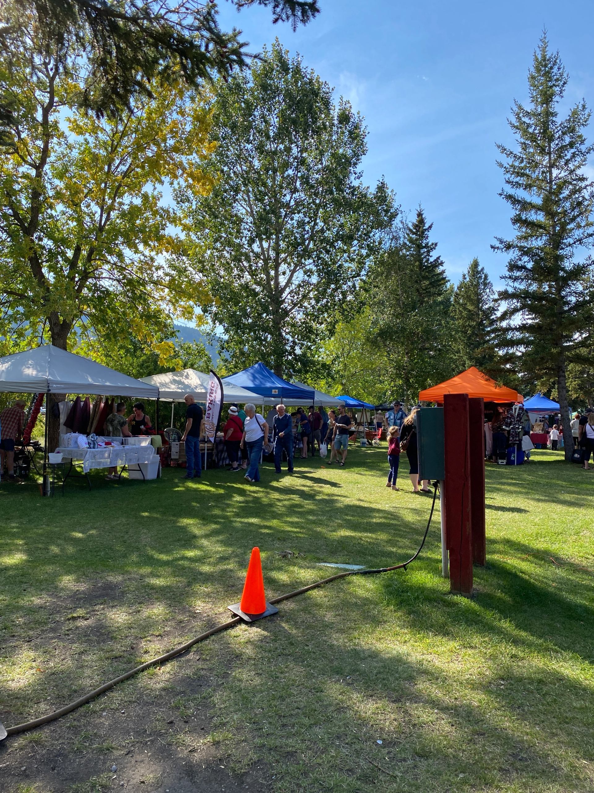Shoppers walking among vendor tents on a sunny day at the market
