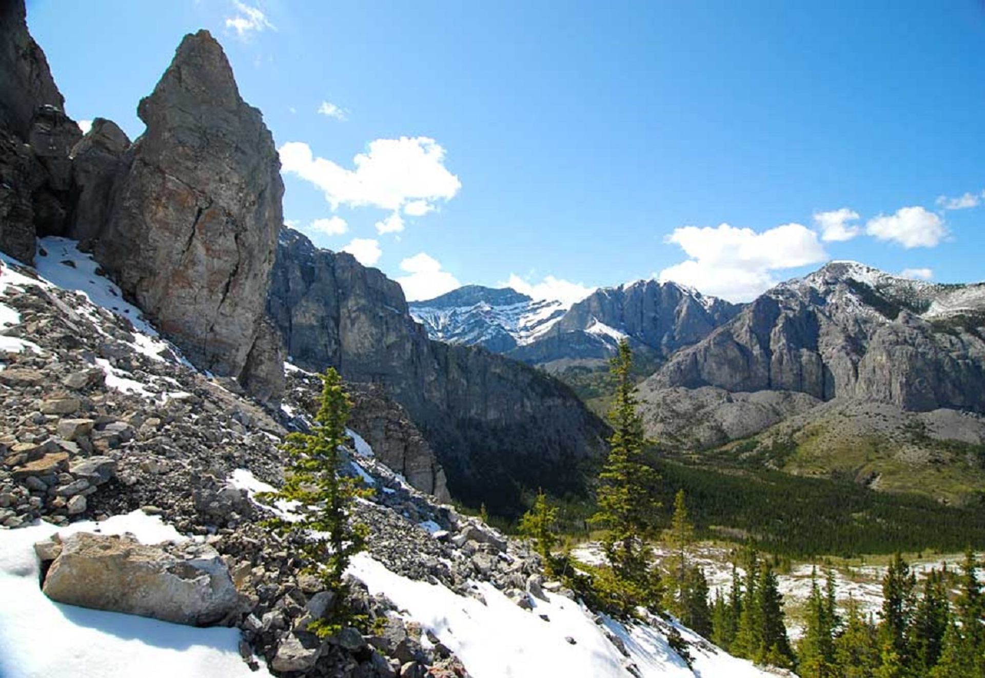 Rocky mountain slope with snow patches and evergreen trees under a clear blue sky.