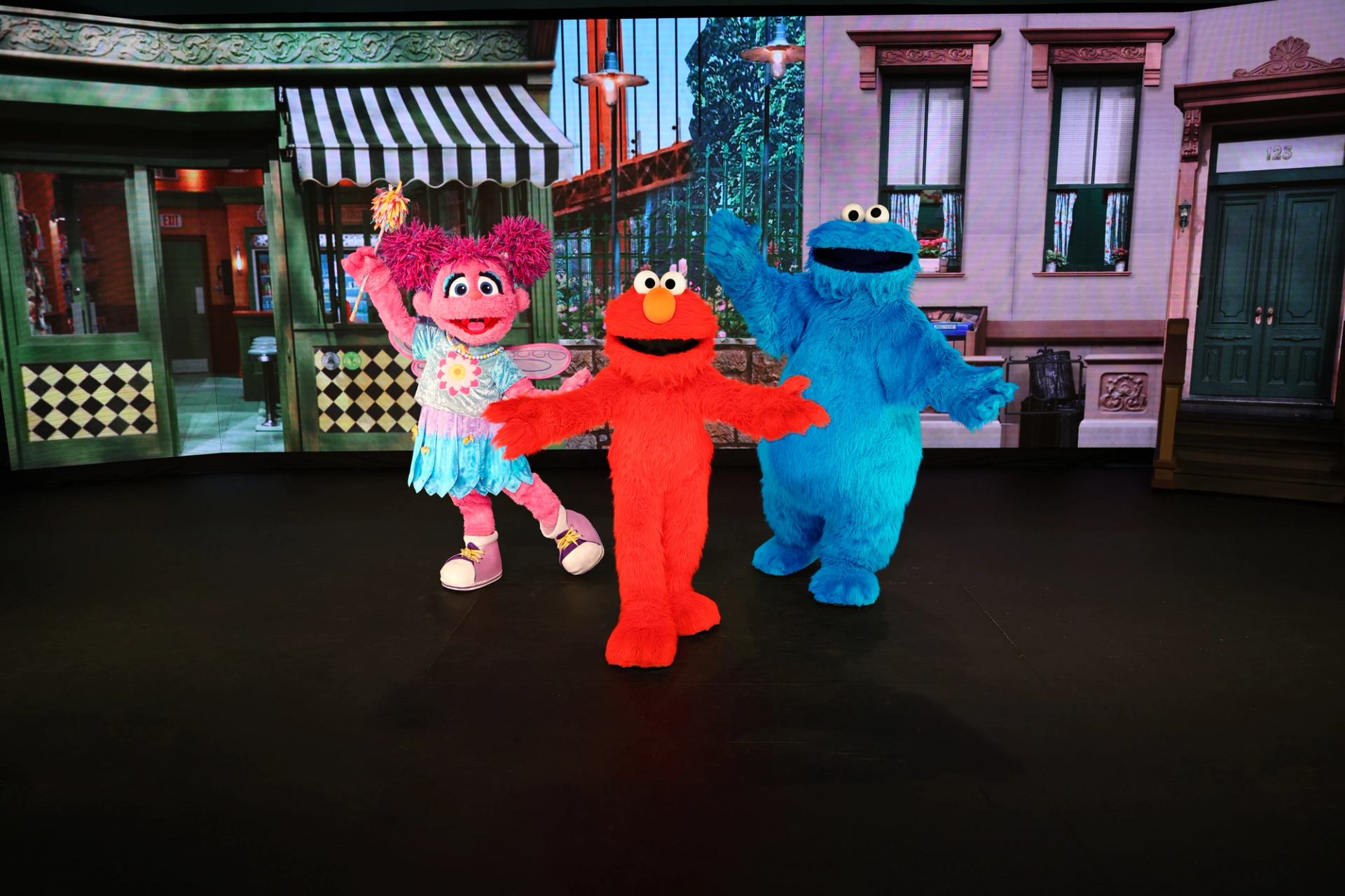 Sesame Street characters pose on stage in front of a colourful neighbourhood backdrop.