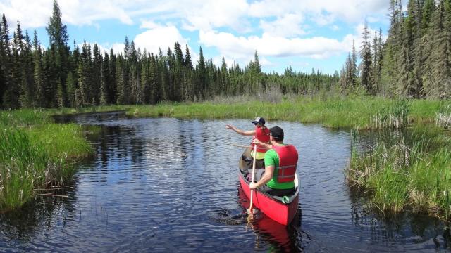 Couple canoeing on lake at Lakeland Provincial Park.